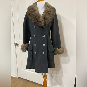 Vintage 1950s Michel Daniel Double-Breasted Pea Coat with Faux Fur Trim